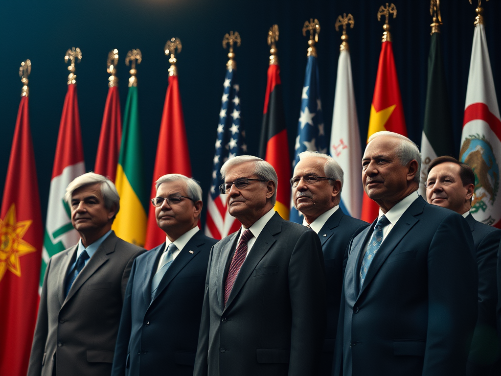 world leaders standing together in front of their national flags
